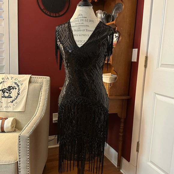 Black Asymmetrical Sequined Sheath Dress - Picture 1 of 7
